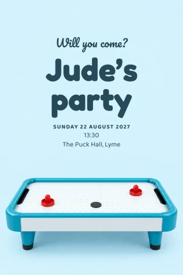 Kids' party invitation, Air hockey party design