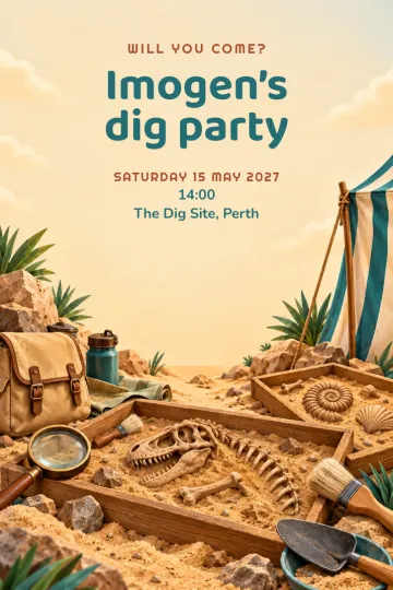 Kids' party invitation, Archaeology dig design